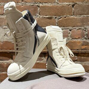 Rick Owens Geobasket Sneakers – White/Black Suede Leather (S/S 22 Fogachine)